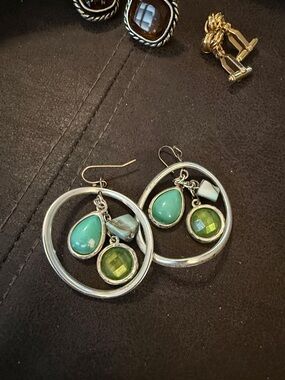 Vintage Silver Hoop Earrings with Turquoise and Olive Green Drops